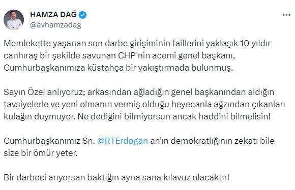 AK Parti'den Cumhurbaşkanı Erdoğan'a 'Darbecisin' diyen Özgür Özel'e aynı sertlikte yanıt