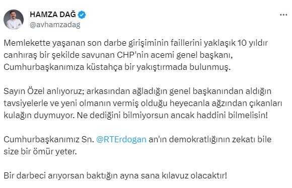 AK Parti'den Cumhurbaşkanı Erdoğan'a 'Darbecisin' diyen Özgür Özel'e aynı sertlikte yanıt