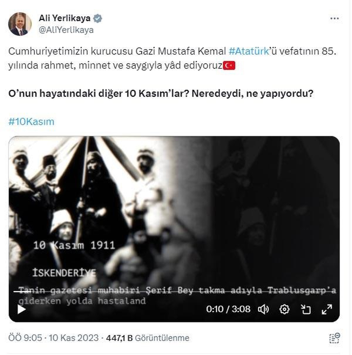İçişleri Bakanı Ali Yerlikaya, Atatürk\'ün 10 Kasım günlerini anlattı