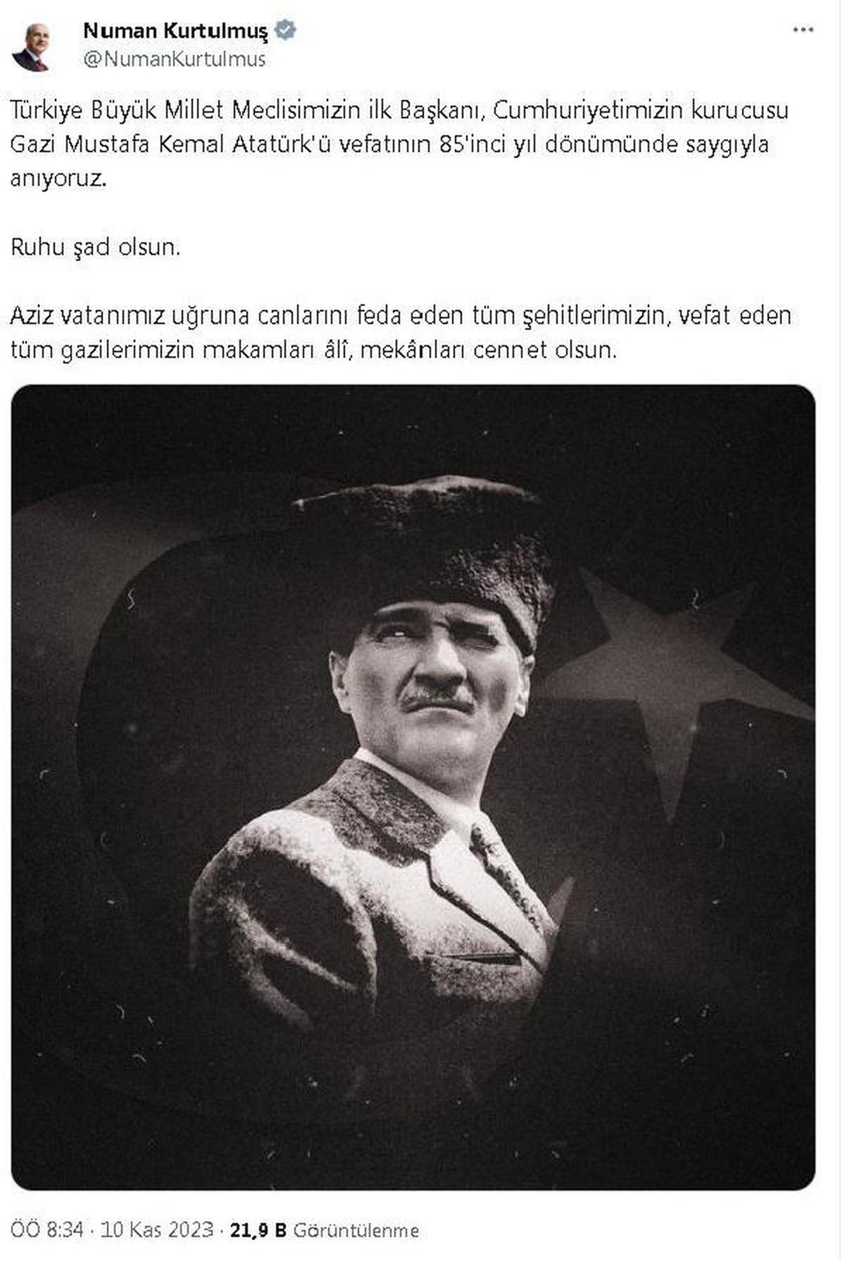 TBMM Başkanı Kurtulmuş, Atatürk\'ü andı