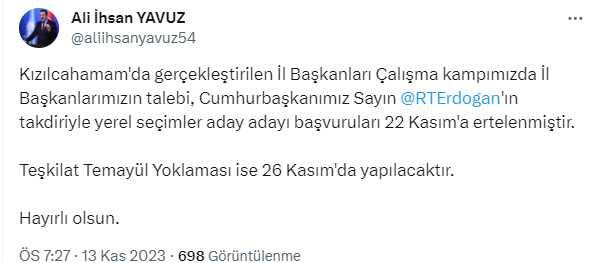 AK Parti'de yerel seçim için aday adaylığı başvuruları 22 Kasım'a ertelendi