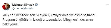Bakan Şimşek: Yıllık cari dengede iyileşme sağlandı Bakan Şimşek: Yıllık cari dengede iyileşme sağlandı
