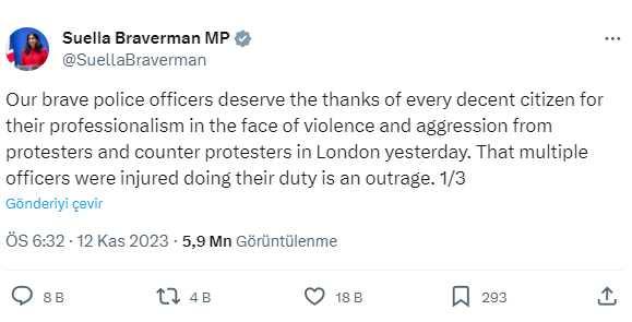 Filistin'e destek yürüyüşlerine tepki gösteren İngiltere İçişleri Bakanı Suella Braverman görevden alındı Filistin'e destek yürüyüşlerine tepki gösteren İngiltere İçişleri Bakanı Suella Braverman görevden alındı