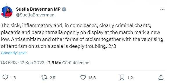 Filistin'e destek yürüyüşlerine tepki gösteren İngiltere İçişleri Bakanı Suella Braverman görevden alındı Filistin'e destek yürüyüşlerine tepki gösteren İngiltere İçişleri Bakanı Suella Braverman görevden alındı