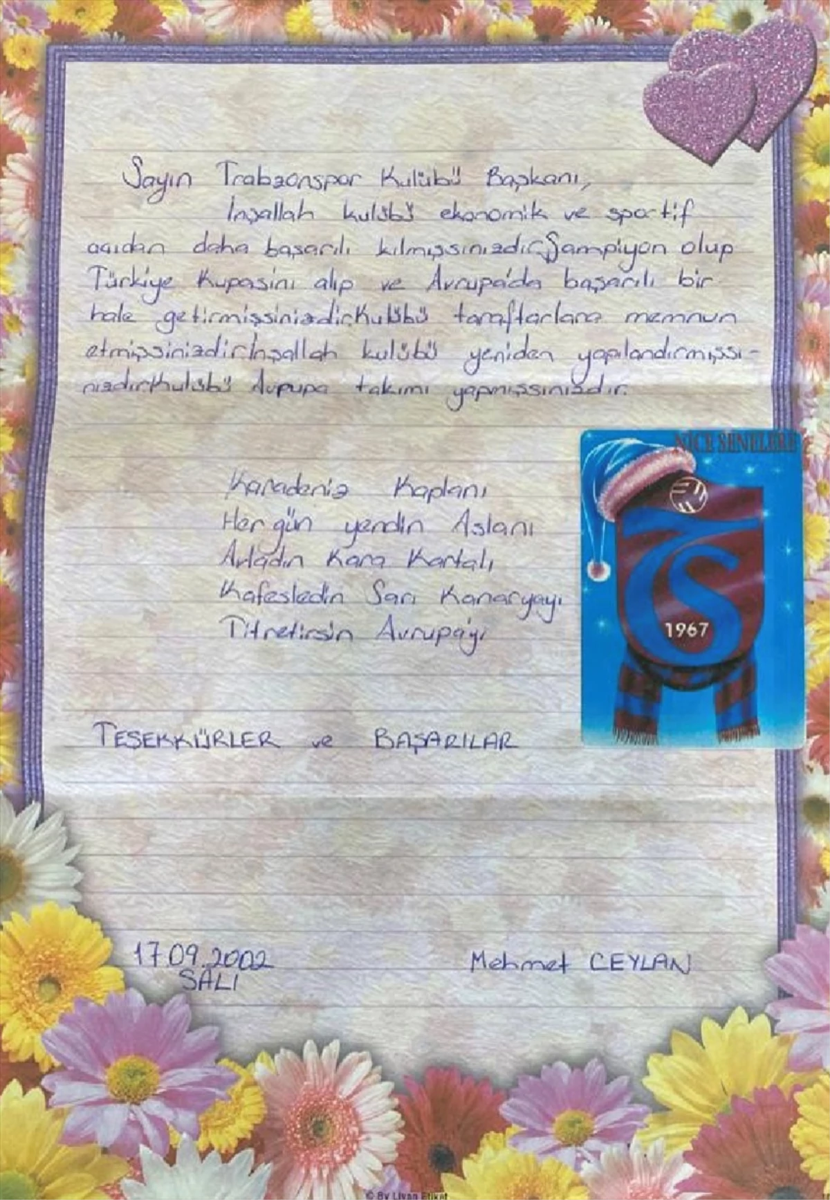 Trabzonspor taraftarının 21 yıl önce yazdığı mektup kulübe teslim edildi