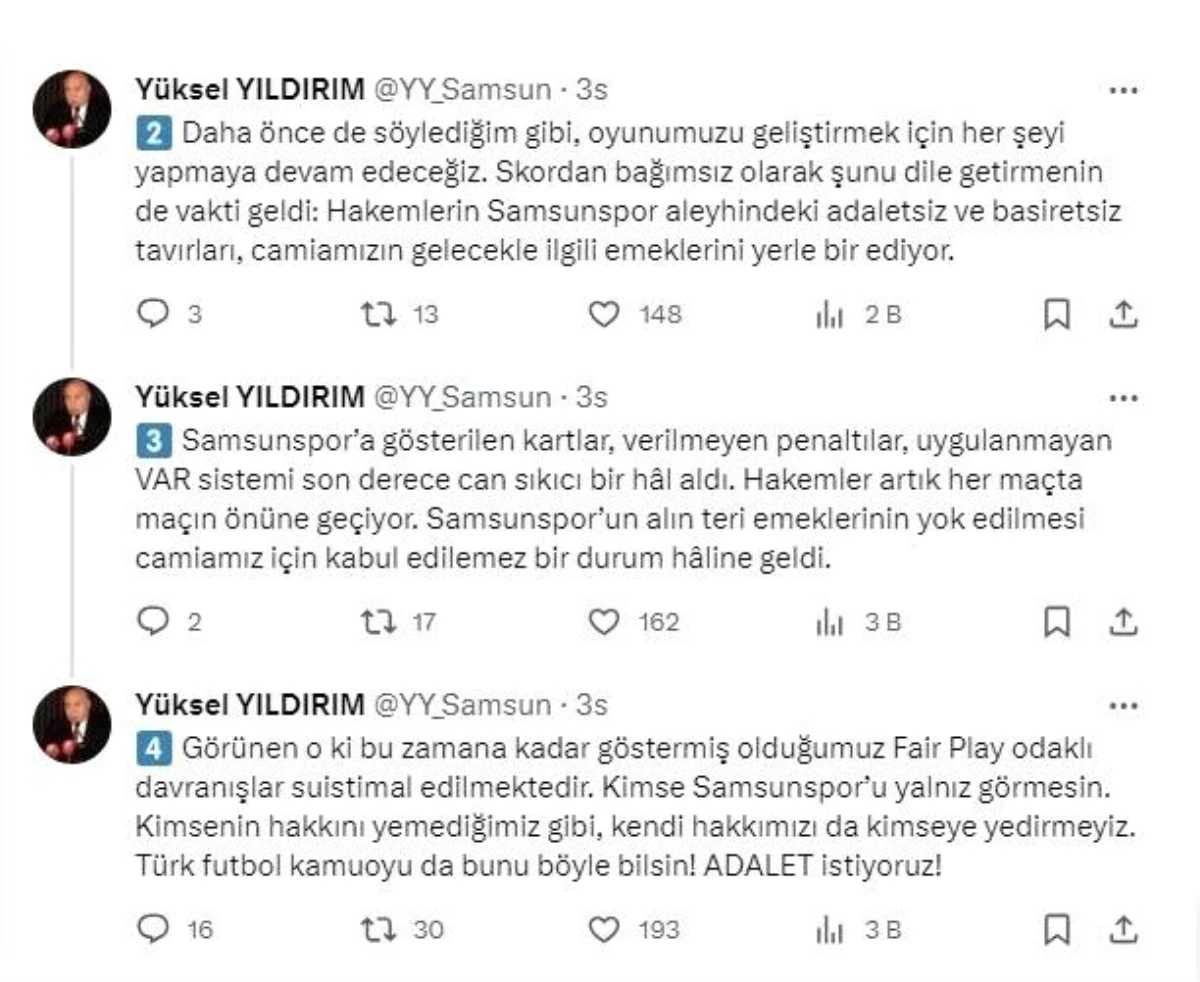 Y. Samsunspor\'dan sert açıklama: "Hakem hatalarının devam etmesi durumunda, emeklerimizin gölgede bırakılmasına göz yummayacağız"