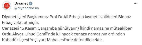Diyanet İşleri Başkanı Ali Erbaş'ın annesi vefat etti