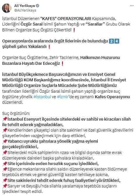 Dosya hayli kabarık! Bakan Yerlikaya, çökertilen Sarallar çetesinin işlediği suçları tek tek listeledi