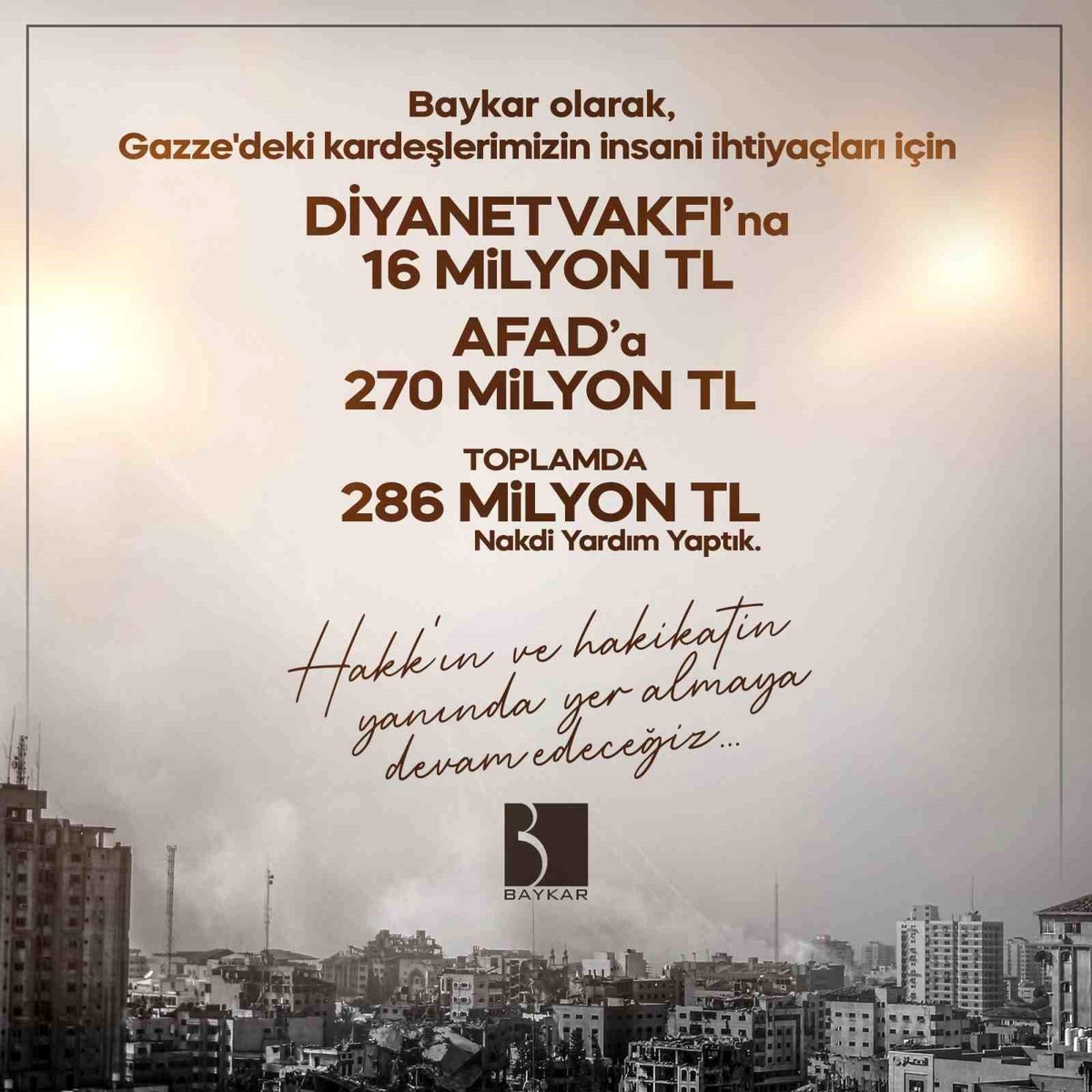 Baykar, Gazze\'ye 286 Milyon Liralık İnsani Yardım Yapacak