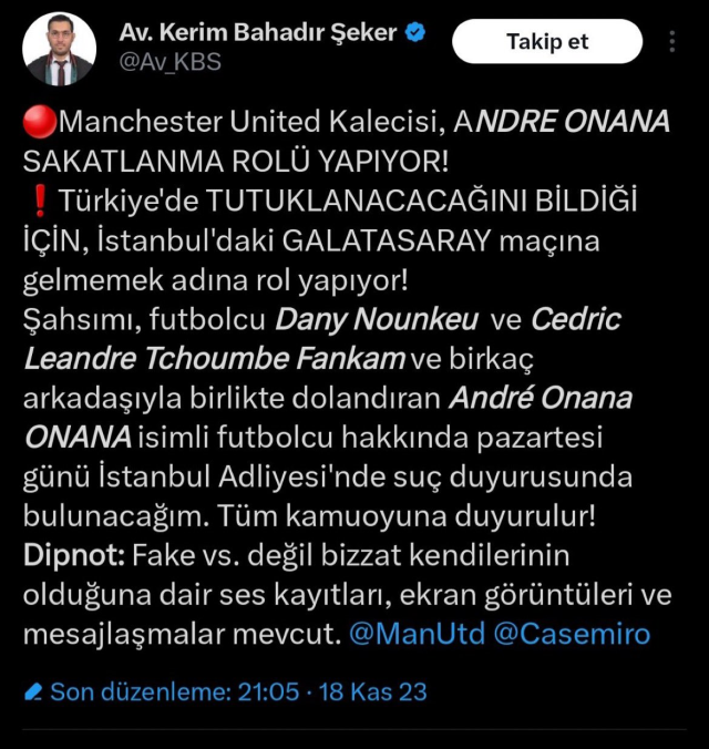 Galatasaray kongre üyesinden akılalmaz iddia: Onana beni dolandırdığı için Türkiye'ye gelmiyor
