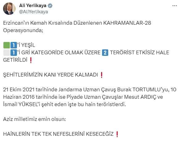 İçişleri Bakanı Ali Yerlikaya: 1'i yeşil, 1'i gri kategoride olmak üzere 2 terörist etkisiz hale getirildi