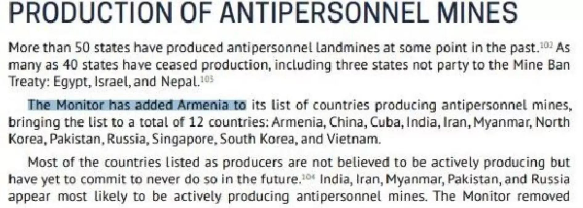 Ermenistan, Kara Mayını Üreten Ülkeler Listesine Eklendi