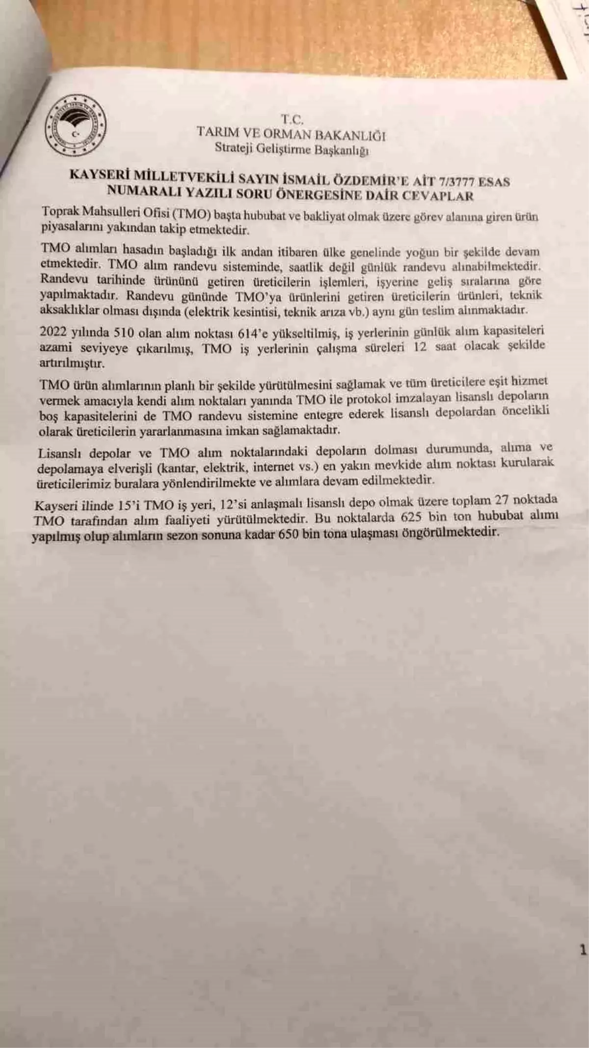 MHP\'li Özdemir, TMO\'ya ürün tesliminde yaşanan zorlukları sordu