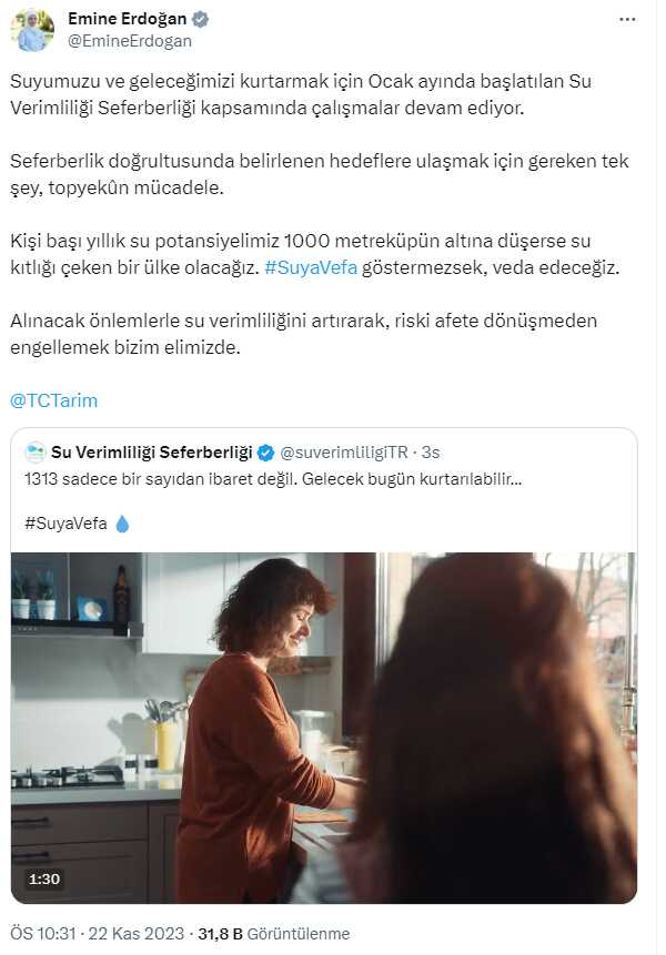Emine Erdoğan'dan su kıtlığına ilişkin paylaşım Açıklaması Emine Erdoğan'dan su kıtlığına ilişkin paylaşım Açıklaması