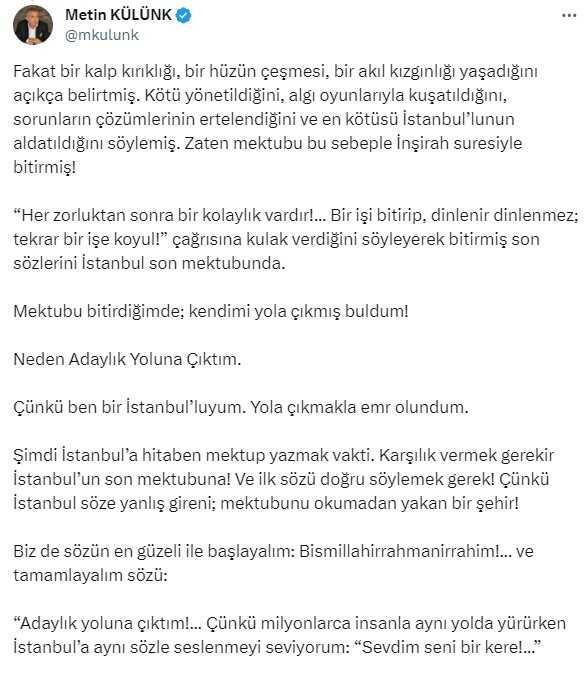 Eski AK Parti Milletvekili Metin Külünk, İstanbul Büyükşehir Belediye Başkanlığı için aday adayı oldu