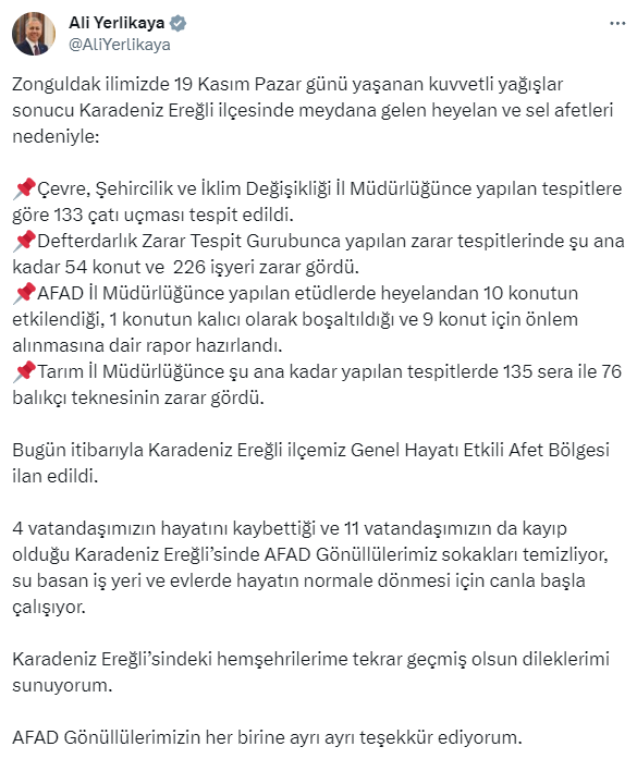 Zonguldak'ın Karadeniz Ereğli ilçesi afet bölgesi ilan edildi