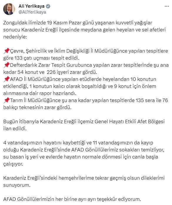 Zonguldak'ın Karadeniz Ereğli ilçesi afet bölgesi ilan edildi