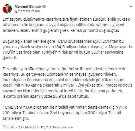 Bakan Şimşek: Enflasyonu düşürmekte kararlıyız