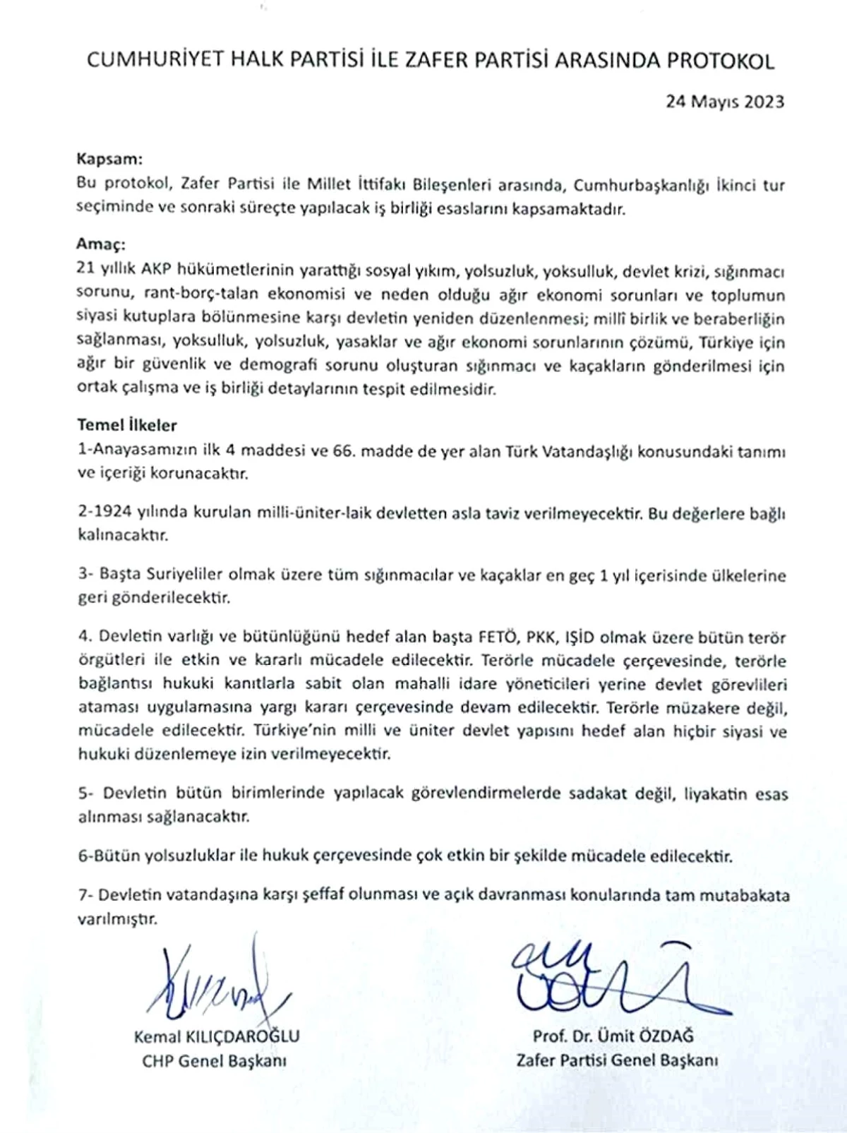 Zafer Partisi ve CHP Arasında Protokol Yayımlandı