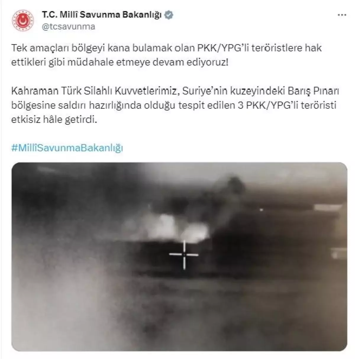 MSB: Barış Pınarı bölgesinde 3 PKK/YPG\'li terörist etkisiz hale getirildi