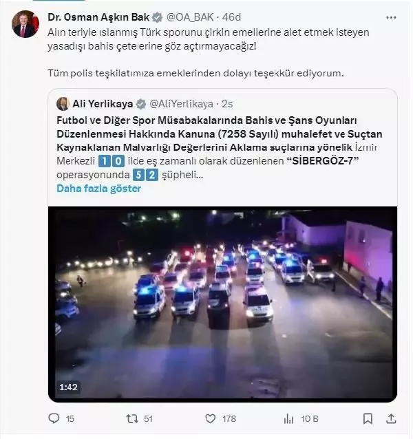 Bakan Osman Aşkın Bak'tan yasa dışı bahisçilere yapılan 'Sibergöz-7' operasyonu için teşekkür: Göz açtırmayacağız