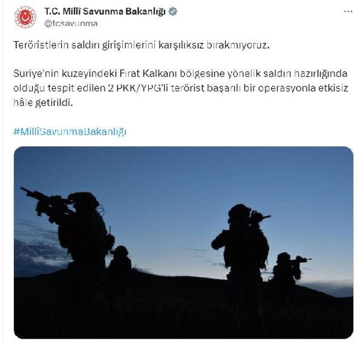 Fırat Kalkanı bölgesinde 2 PKK/YPG\'li terörist etkisiz hale getirildi