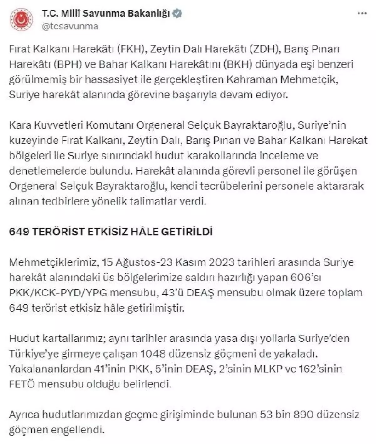 TSK, Suriye harekatında 649 teröristi etkisiz hale getirdi