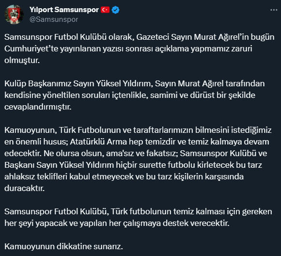 Samsunspor'dan şike iddialarına zehir zemberek açıklama