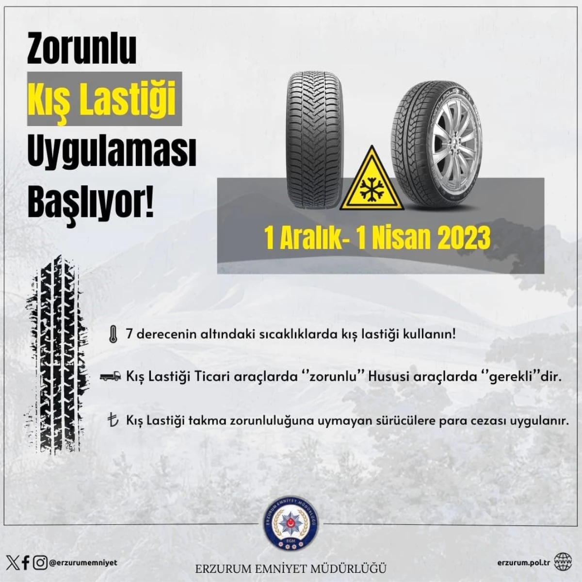 Erzurum\'da Zorunlu Kış Lastiği Uygulaması Başlıyor