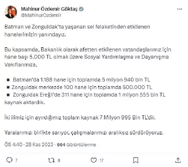 Batman ve Zonguldak'ta Sel Felaketinden Etkilenen Vatandaşlara 5 Bin Lira Destek