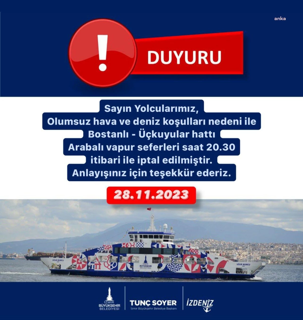 İzmir\'de Arabalı Vapur Seferleri İptal Edildi