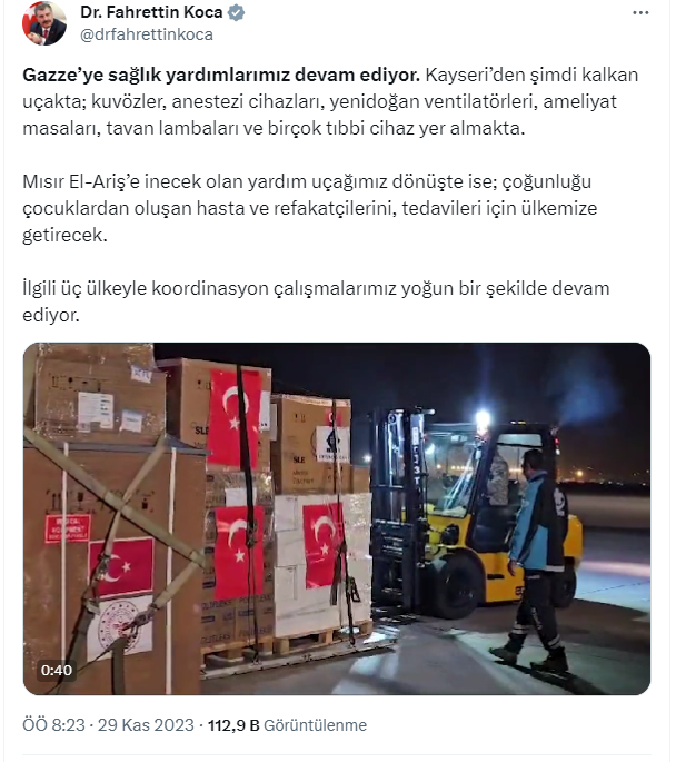 Gazze'ye sağlık yardımı taşıyan uçak Mısır El Eriş'e inmek üzere Kayseri'den havalandı