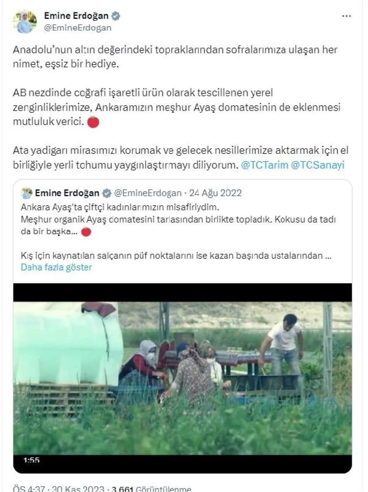 Emine Erdoğan: Ayaş domatesinin AB coğrafi işaret tescili mutluluk verici