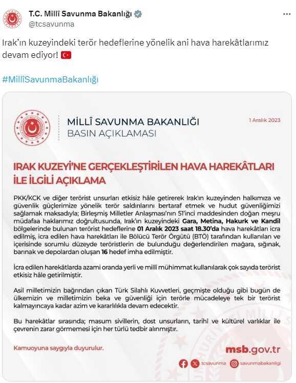 Irak'ın kuzeyine hava harekatı! 16 hedef imha edildi, çok sayıda terörist etkisiz hale getirildi