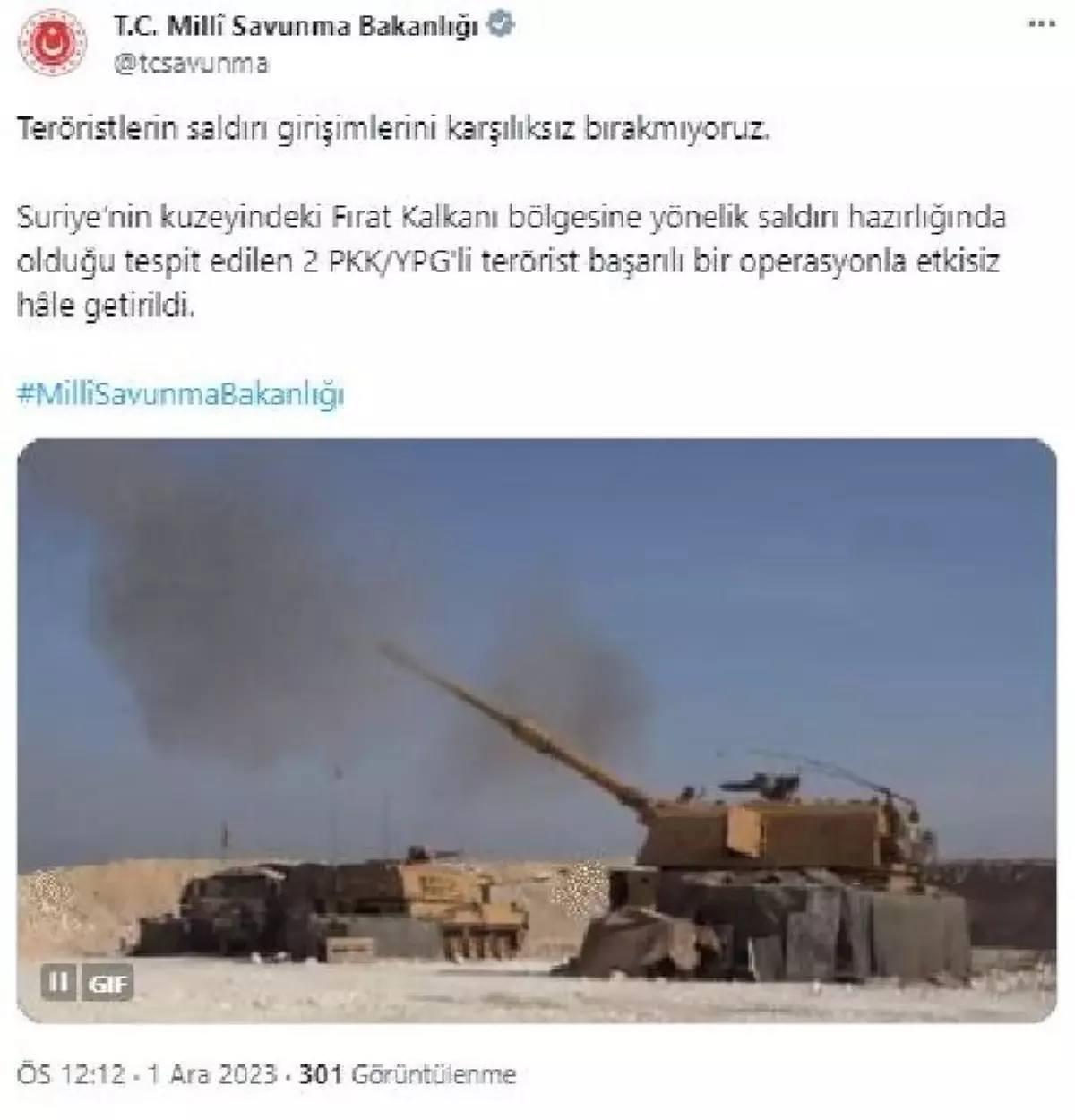 MSB: Fırat Kalkanı bölgesinde 2 PKK/YPG\'li terörist etkisiz hale getirildi