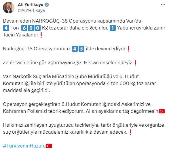 Van'da 4 ton 600 kilogram toz esrar daha ele geçirildi. Van'da 4 ton 600 kilogram toz esrar daha ele geçirildi.