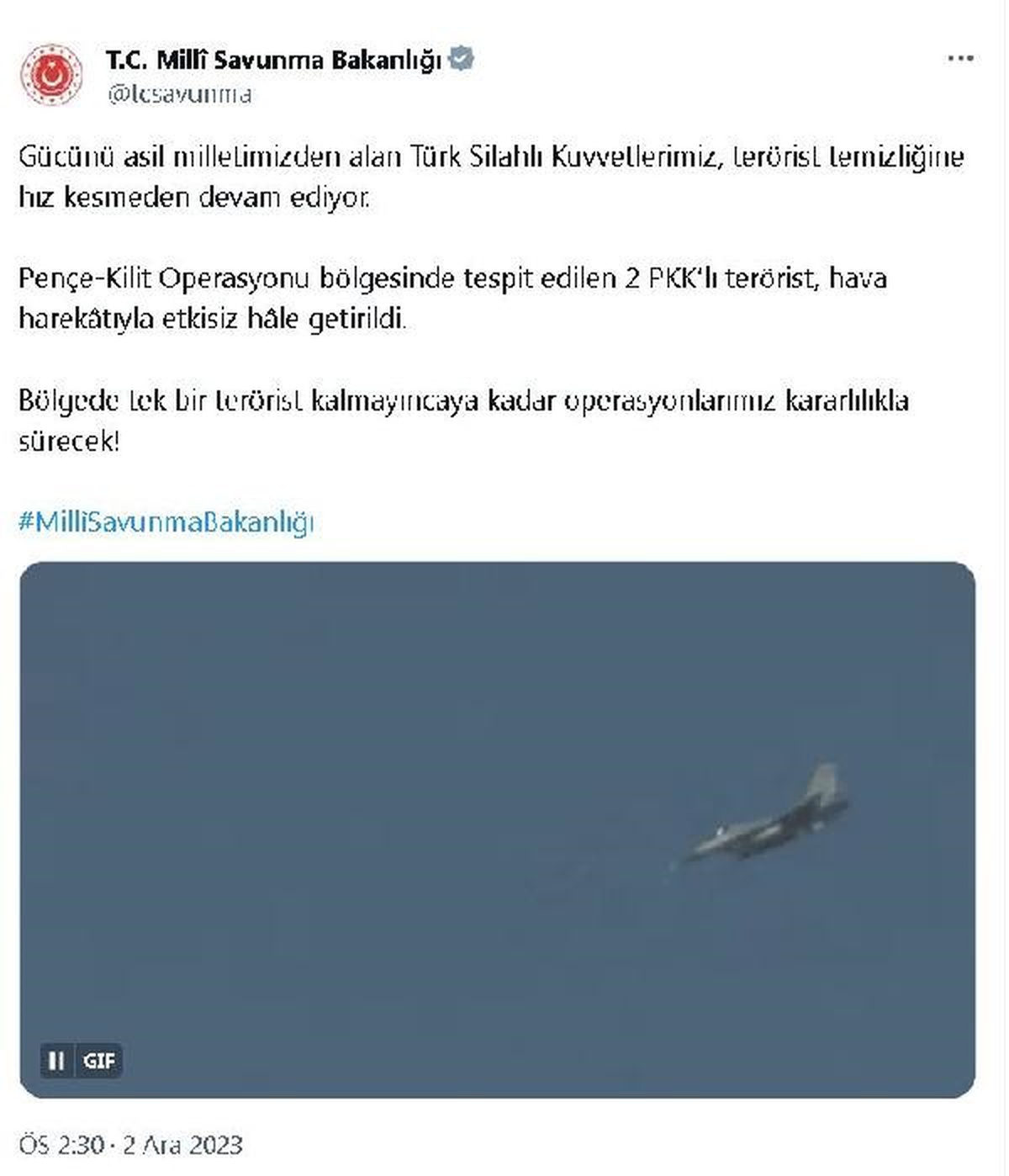 Pençe-Kilit Operasyonu\'nda 2 PKK\'lı terörist etkisiz hale getirildi