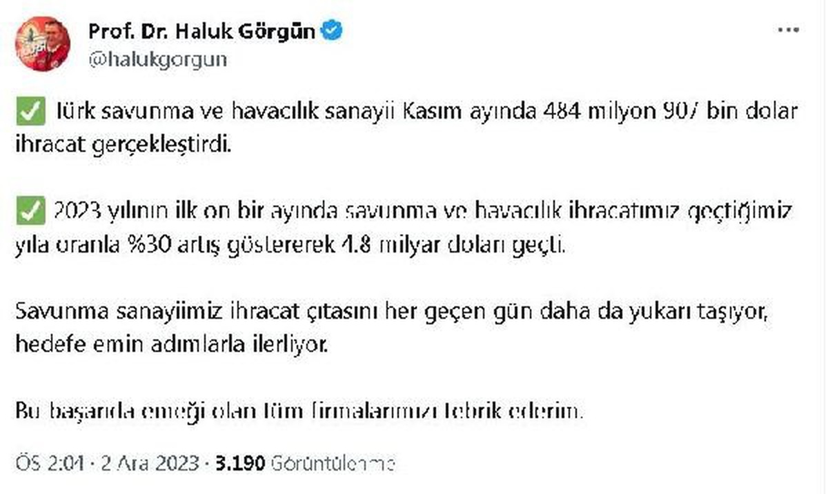 Türk Savunma ve Havacılık Sanayisi Kasım Ayında 484 Milyon Dolar İhracat Gerçekleştirdi