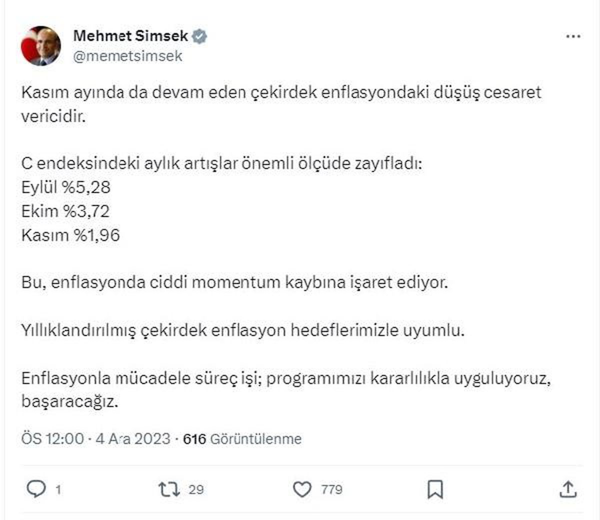 Şimşek: Çekirdek enflasyondaki düşüş cesaret verici