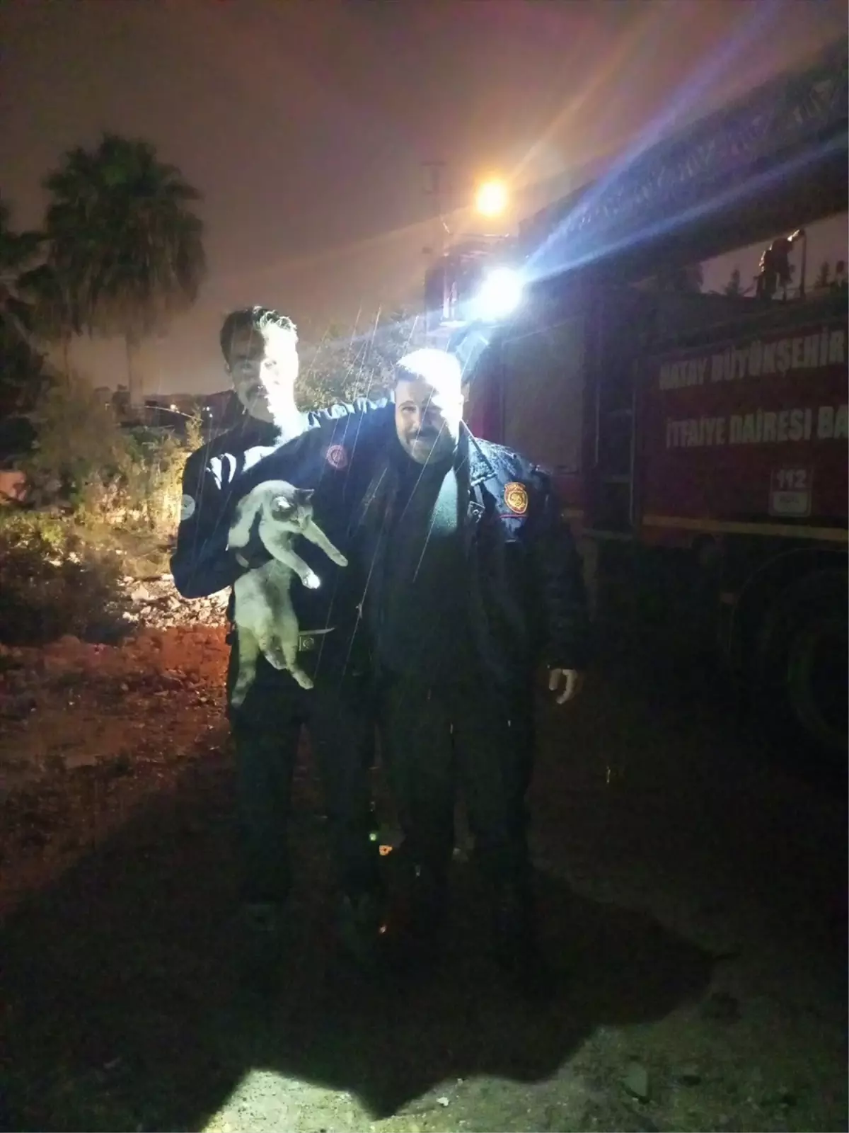 Hatay\'da mahsur kalan kedi itfaiye tarafından kurtarıldı