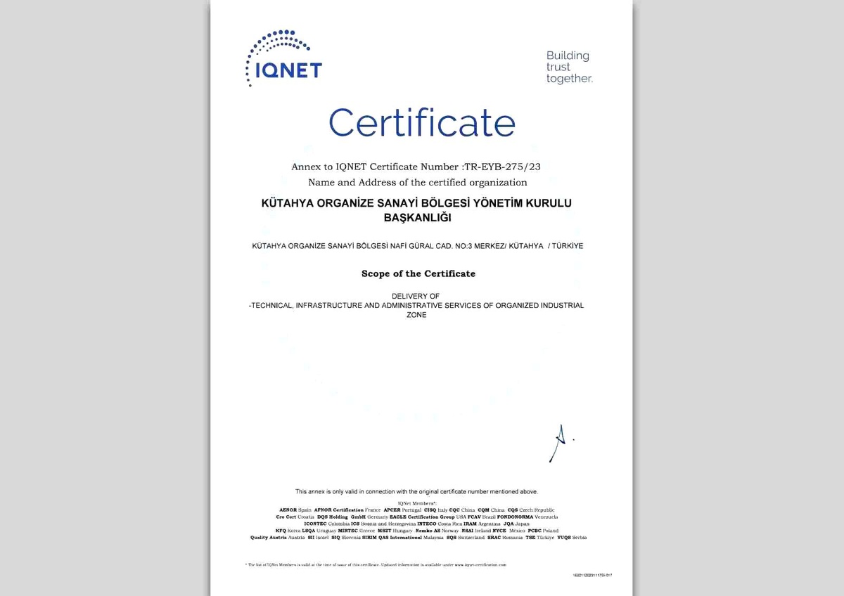 Kütahya Organize Sanayi Bölgesi ISO 50001: 2018 Belgesi\'ni aldı