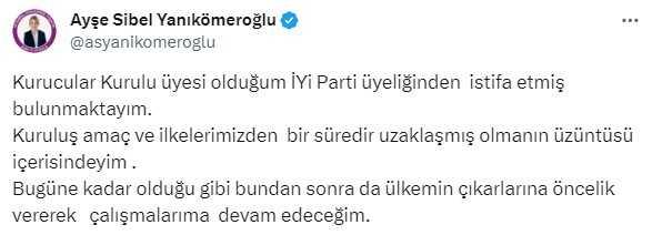 İstanbul Milletvekili Ayşe Sibel Yanıkömeroğlu İYİ Parti'den istifa etti