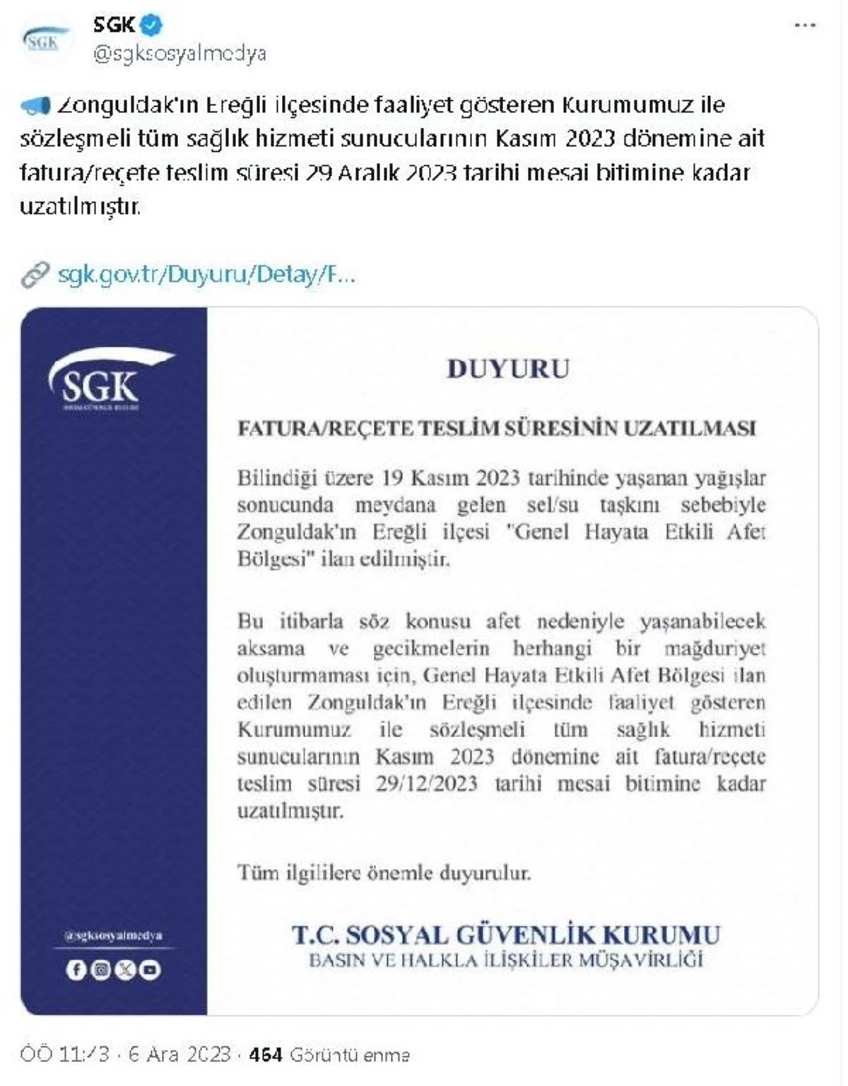 SGK, Ereğli\'deki sağlık hizmeti sunucularının fatura/reçete teslim süresini uzattı