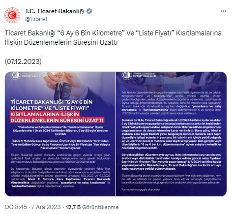 İkinci el araçların satışında '6 ay ve 6 bin km' şartı ile fiyat sınırlamasının süresi uzatıldı