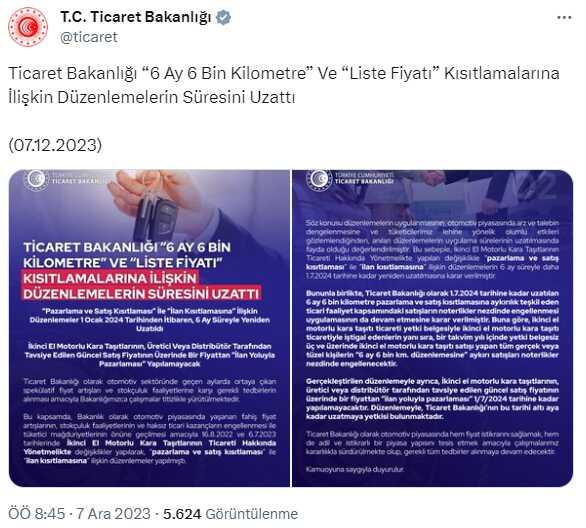 'Pazarlama ve Satış Kısıtlaması' ile 'İlan Kısıtlaması'na ilişkin düzenlemeler 1 Ocak 2024 tarihinden itibaren, 6 ay süreyle yeniden uzatıldı.