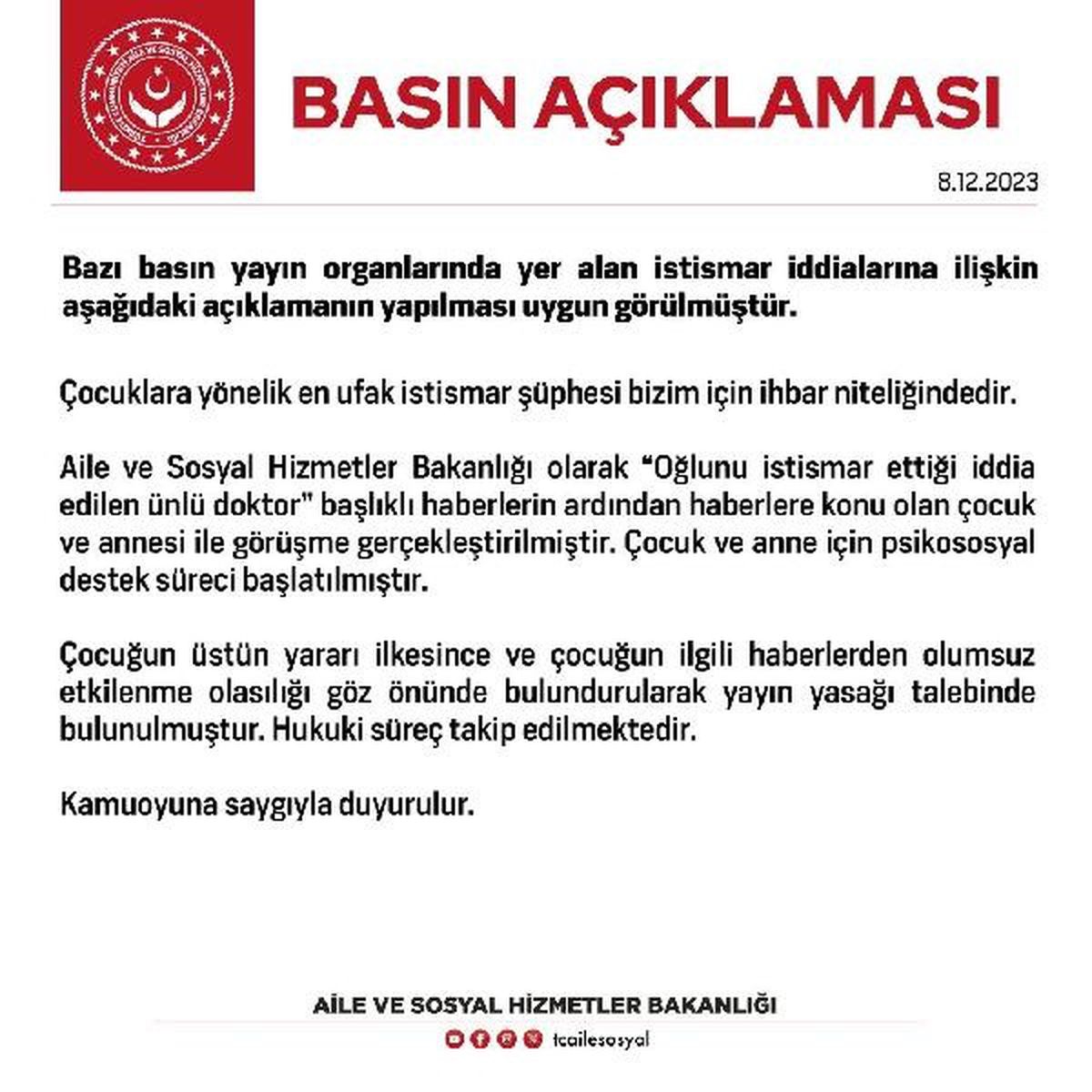 Aile ve Sosyal Hizmetler Bakanlığından açıklama