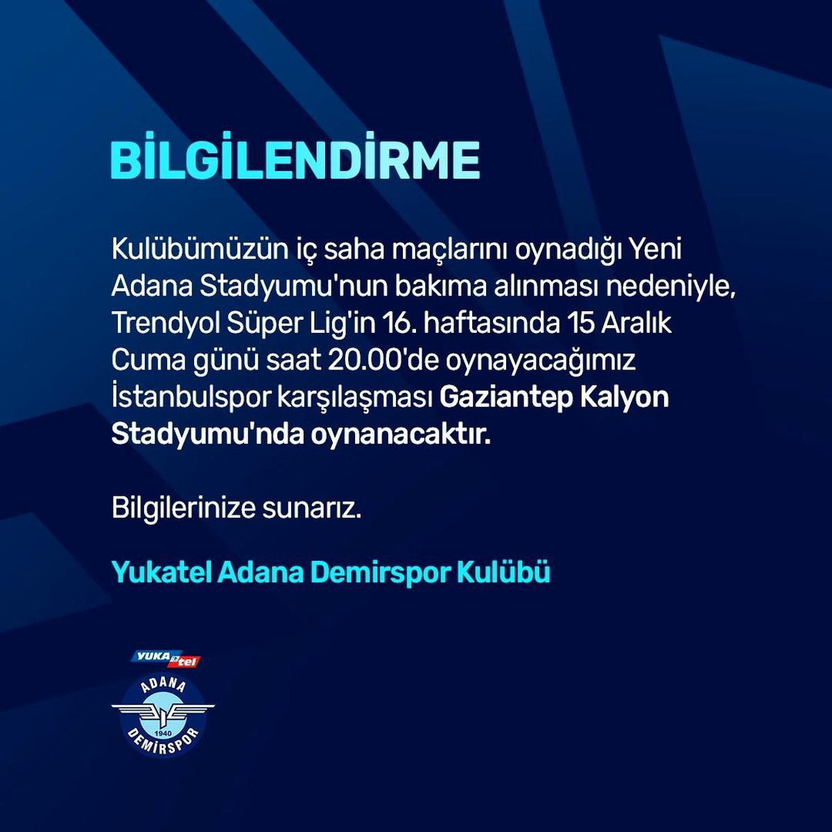 Adana Demirspor, İstanbulspor maçını Gaziantep\'te oynayacak