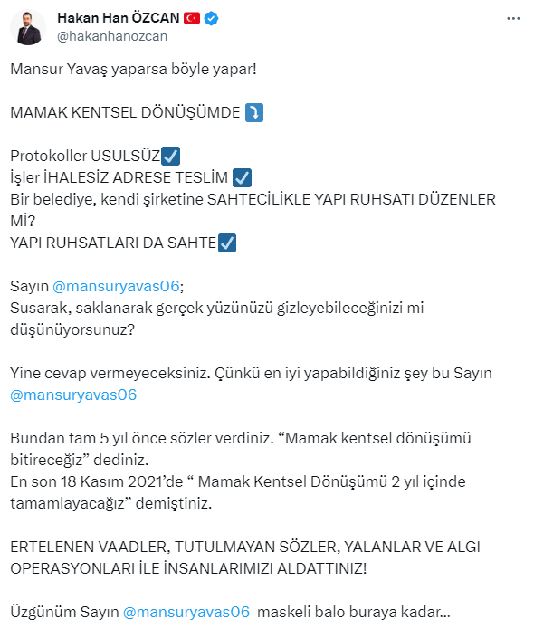 AK Parti Ankara İl Başkanı Hakan Han Özcan'dan Mansur Yavaş'a kentsel dönüşüm tepkisi