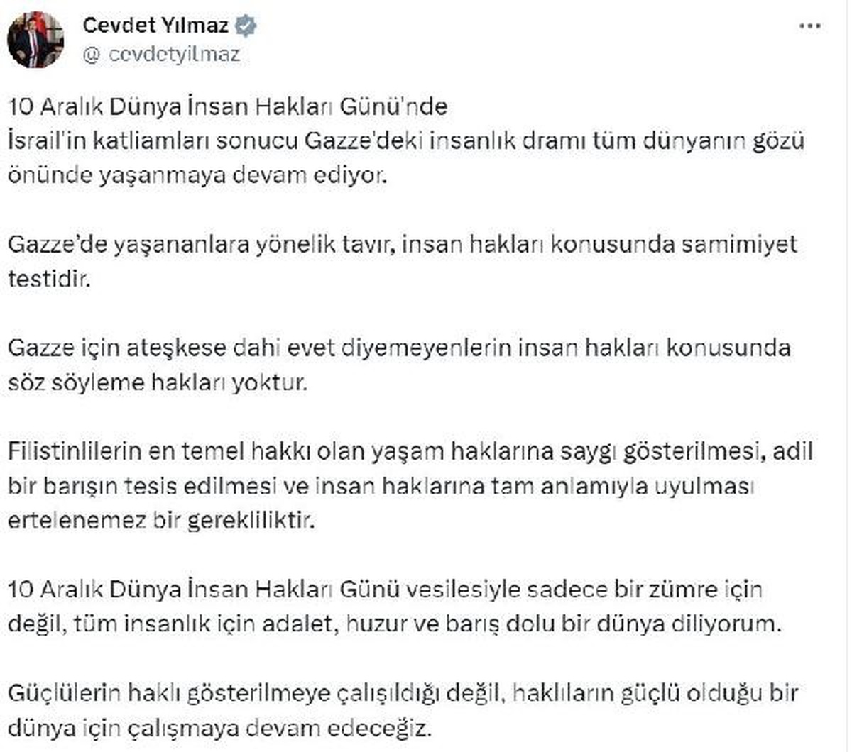 Cevdet Yılmaz: Filistinlilerin yaşam haklarına saygı gösterilmeli