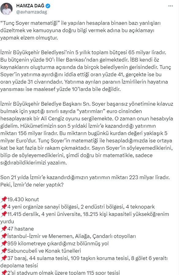 Hamza Dağ, kente yapılan yatırımları paylaşan Tunç Soyer'in Ali Cengiz oyununu bozdu